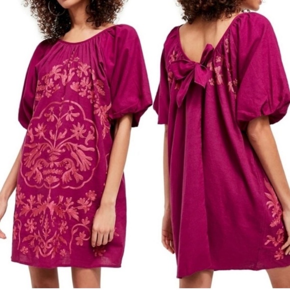 Free People Fiona Embroidered Mini Dress puff short sleeve back bow free fit XS - Picture 1 of 12